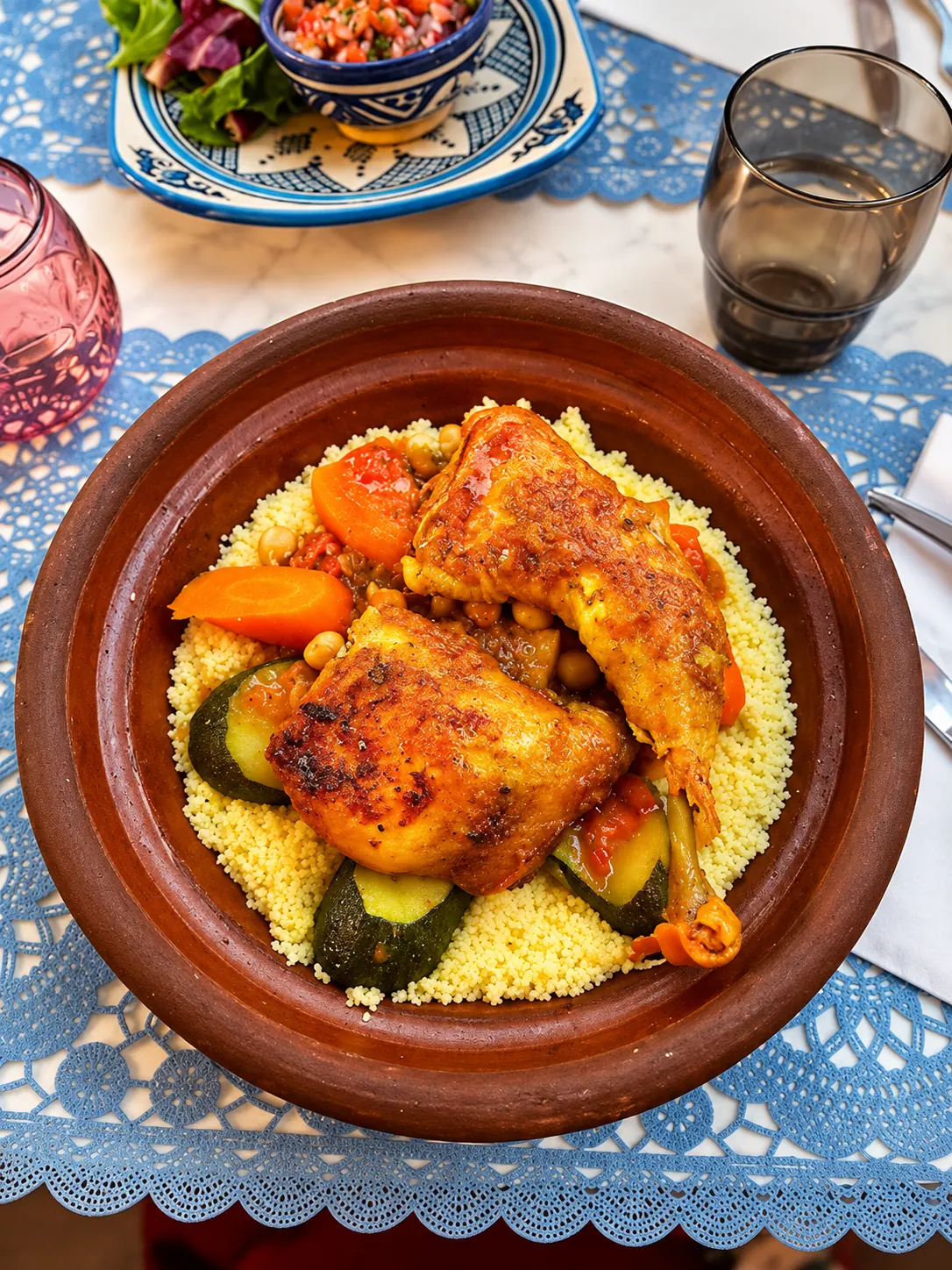 Couscous poulet servi dans un plat en terre cuite, semoule, carottes, courgettes et pois chiches
