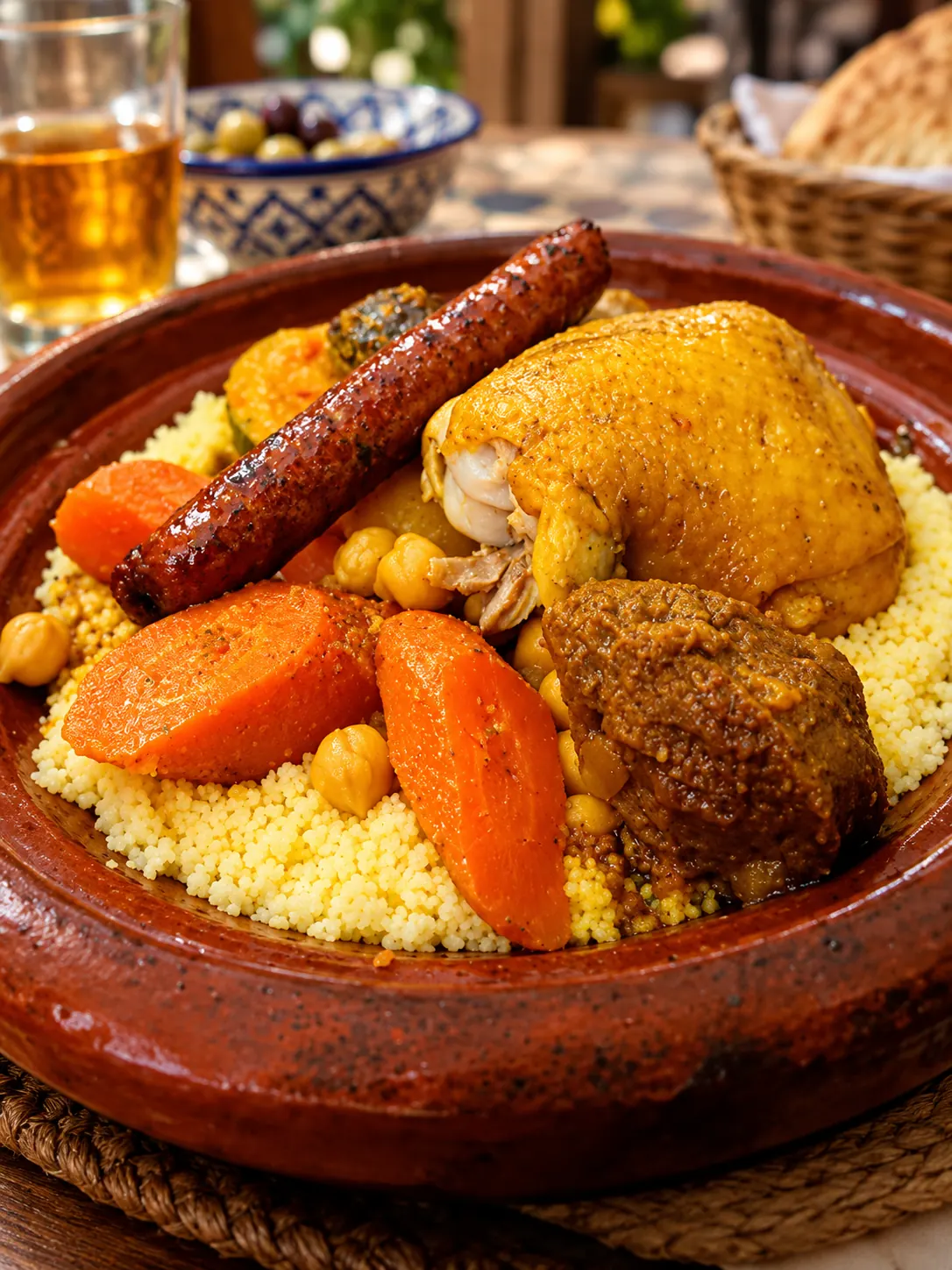 Couscous royal : poulet, merguez, kefta, carottes et pois chiches sur semoule