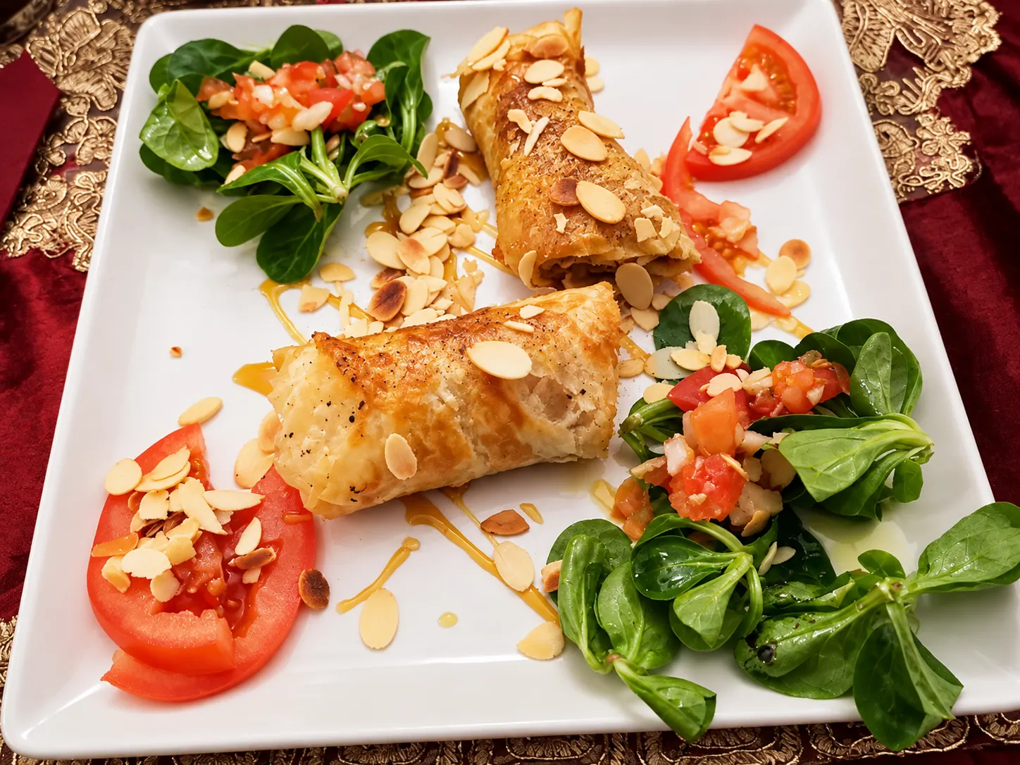 Pastilla aux amandes et briouates, salade et tomates fraîches