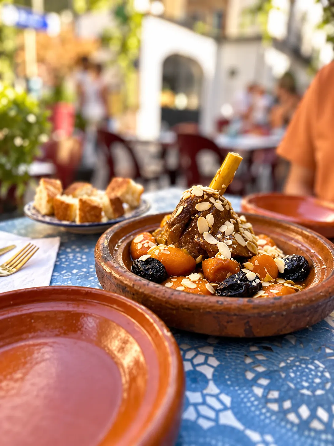 Tajine d'agneau aux pruneaux et aux amandes servi en terrasse