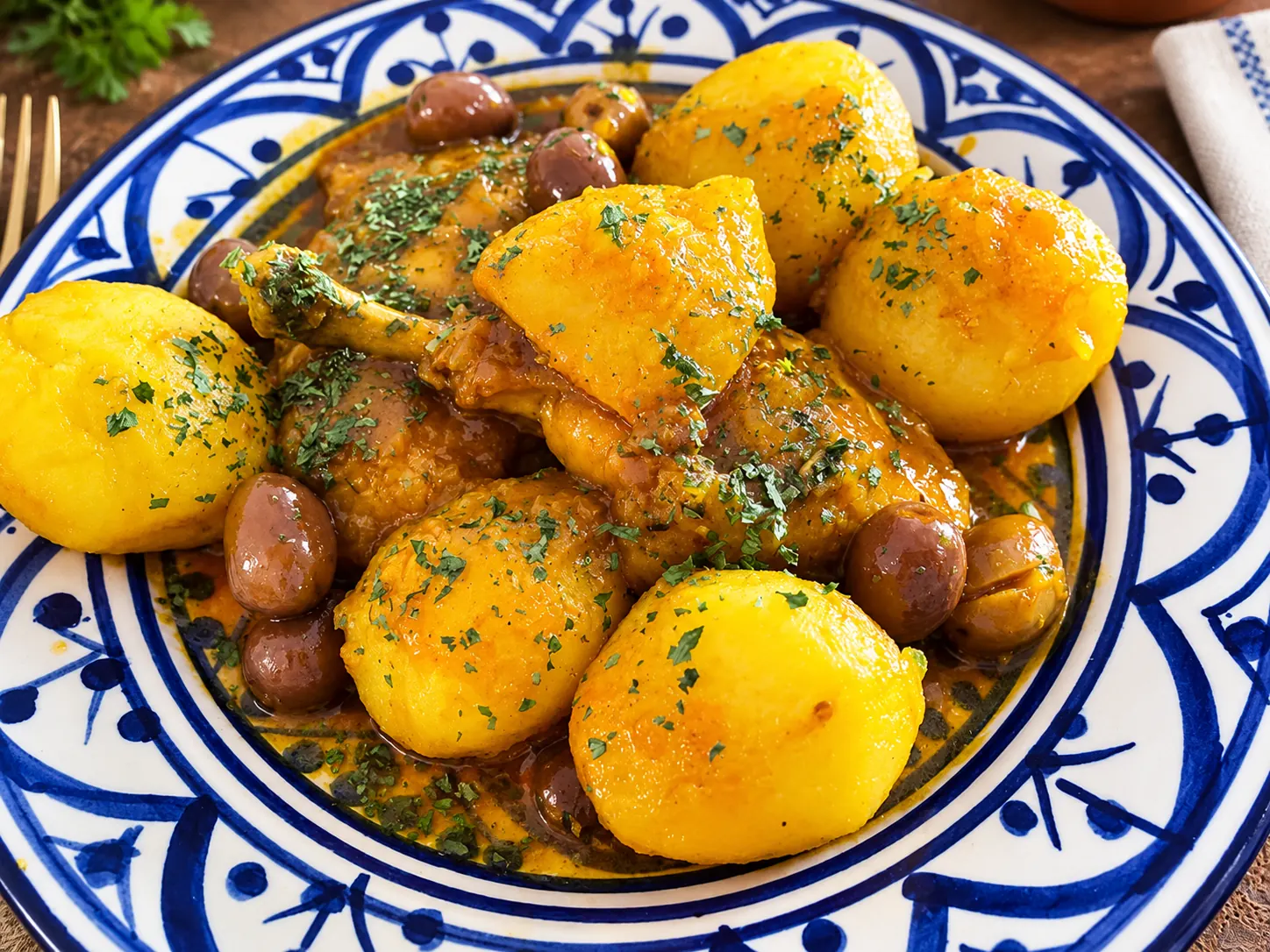 Tajine de poulet aux olives, citrons confits et pommes de terre, servi dans un plat marocain